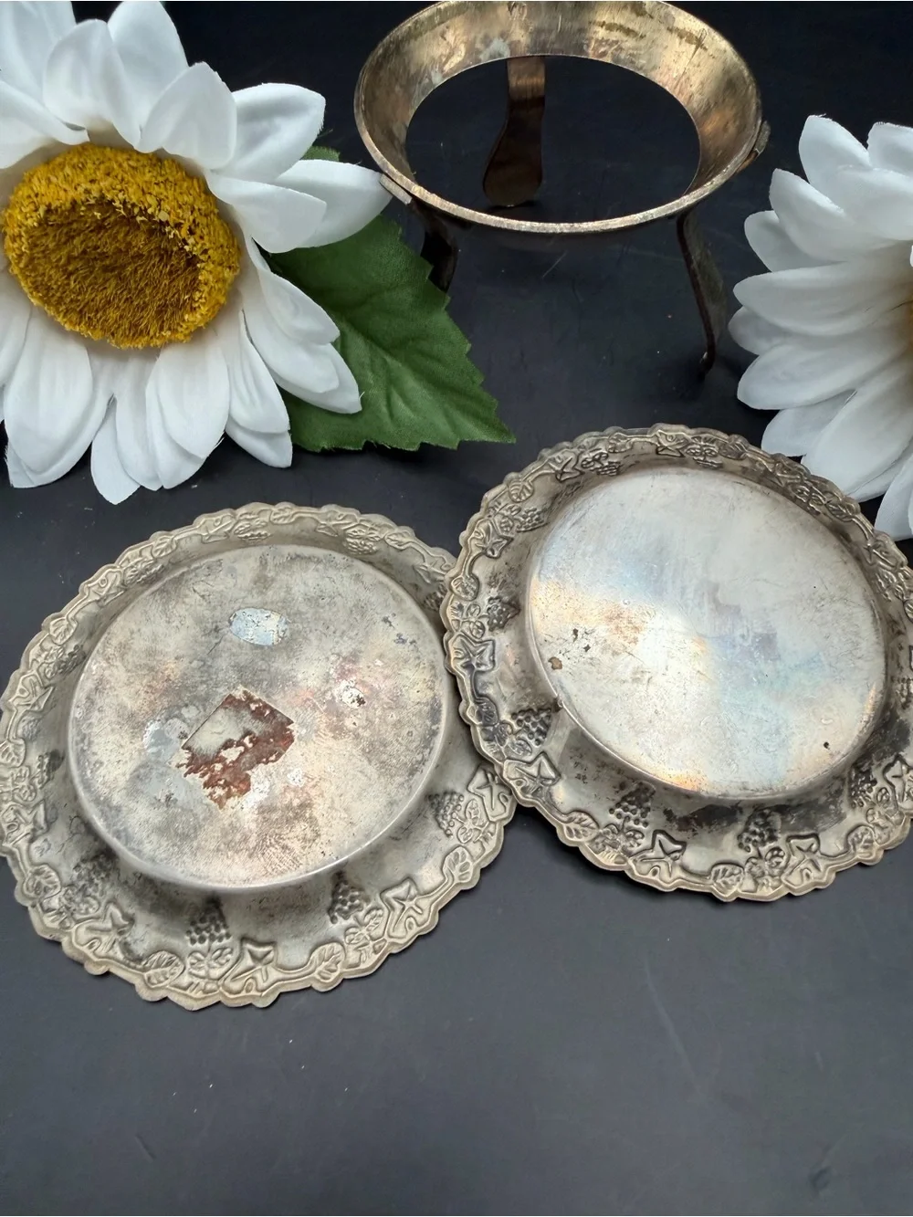 Vintage Ornate Silver Plated Decorative Wine Coasters with Stand- Set of 2